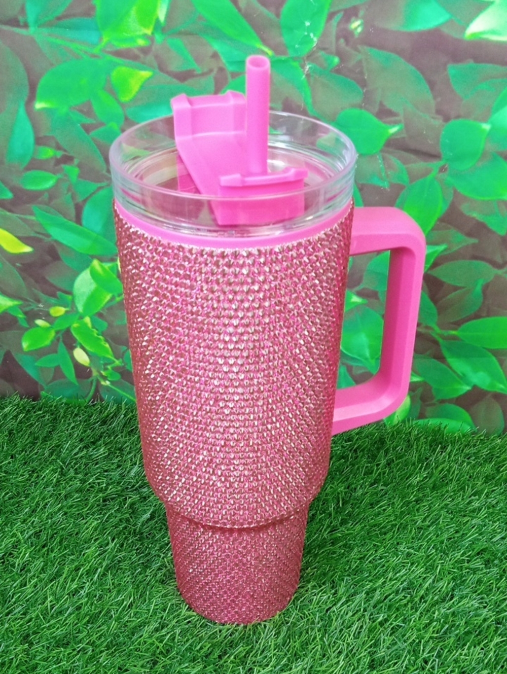 🗑️ Pink Rhinestone Travel Tumbler with Handle and Straw